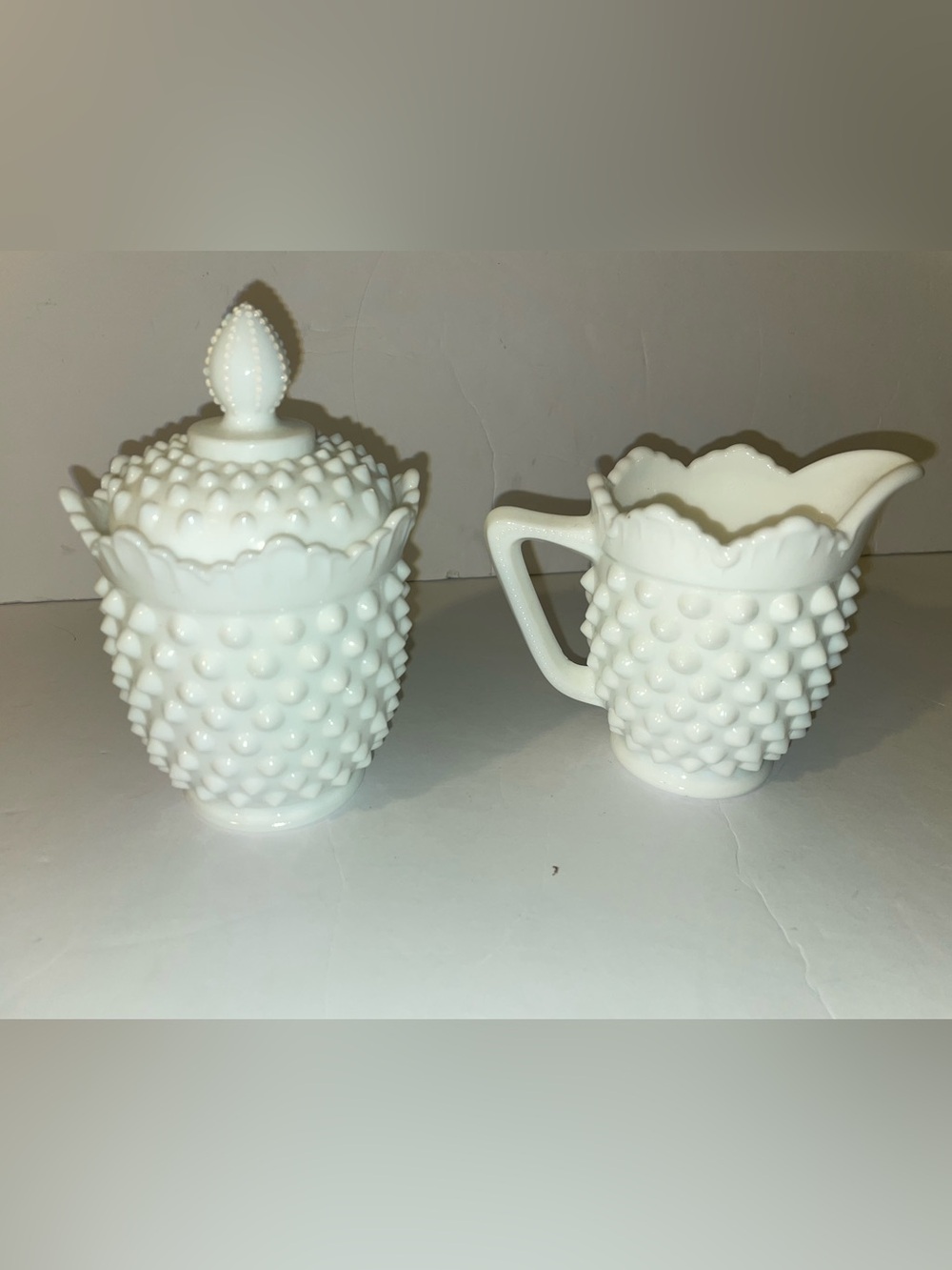 Fenton Glass Hobnail Milk Glass Creamer & Covered Sugar Bowl White Vintage
